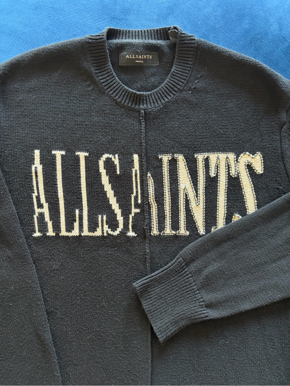 AllSaints Black Crewneck Sweater with Contrasting White Logo